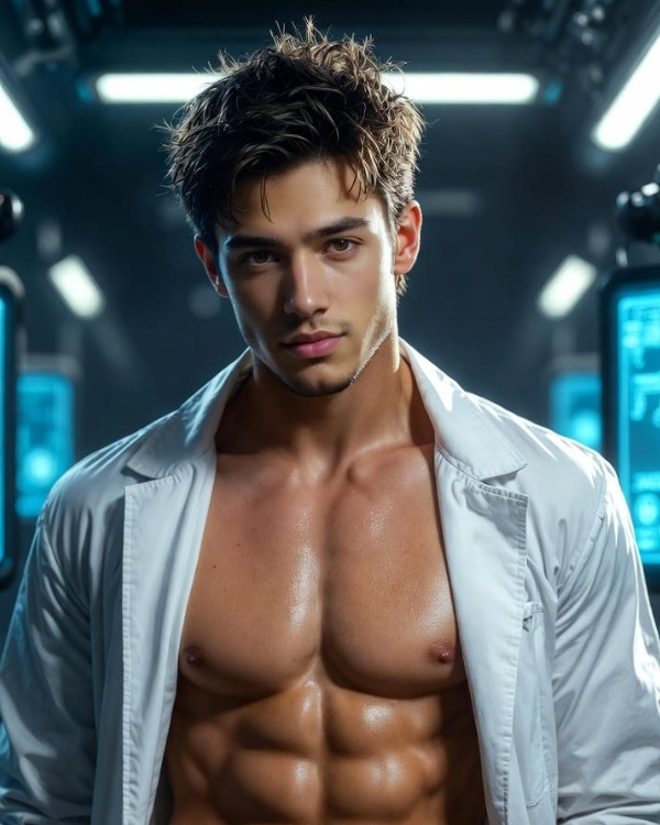 ai boyfriend 深色頭髮,身穿敞開的白襯衫,背景為藍色燈光室內。來源:Spicy AI。
