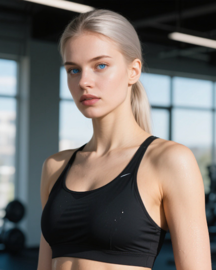 freya 金髮綁起,身穿黑色運動上衣,在健身房中。來源:Spicy AI。