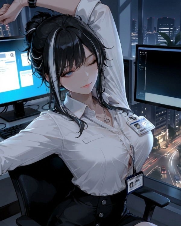 插畫風格 Leila 身穿白色襯衫與深色裙子,坐在辦公椅上。來源:Spicy AI。