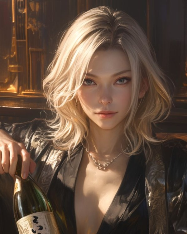 Selene Zhou 短金髮,身穿深色服裝與項鍊,在瓶子旁。來源:Spicy AI。